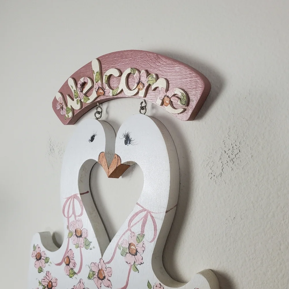 Floral Swan Wooden Wall Sign Pink Hues Hand Painted - Picture 6 of 11